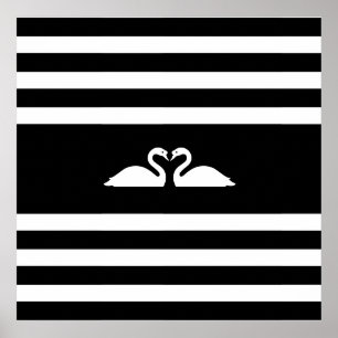 Modern elegant two swans on black & white striped poster
