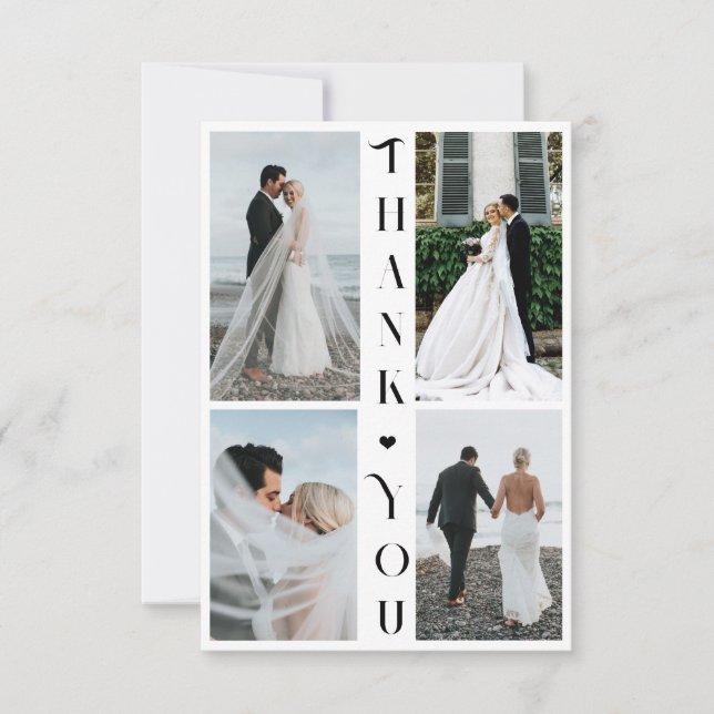 Modern elegant typography 4 photo collage wedding thank you card (Front)