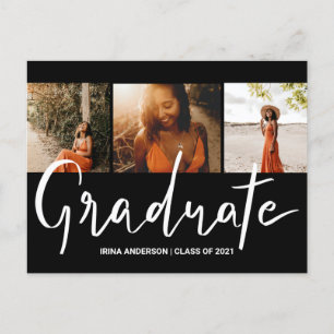 Modern Elegant Typography Photo Graduate Black Invitation Postcard
