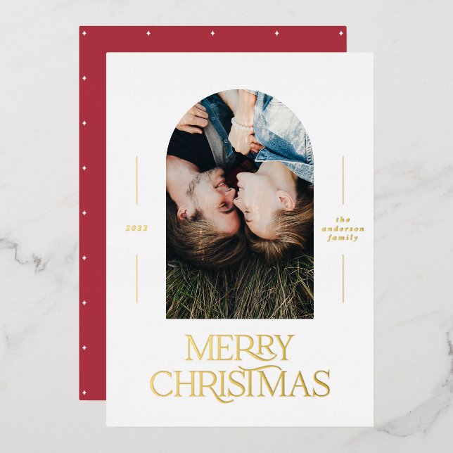 Modern elegant typography red 1 photo Christmas Foil Holiday Card (Front/Back)
