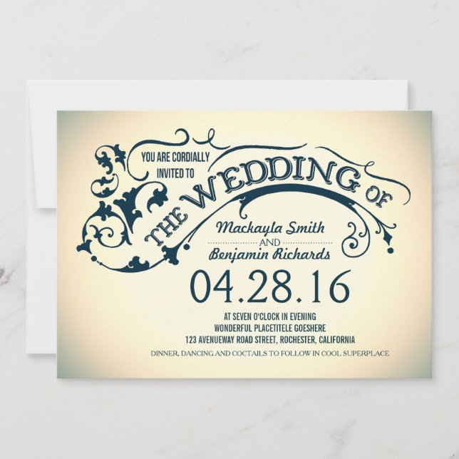 Modern elegant typography & swirls wedding invite (Front)