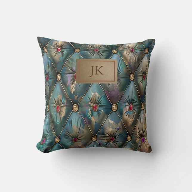 Modern Elegant Vintage Leather Colourful Diamonds Cushion (Front)