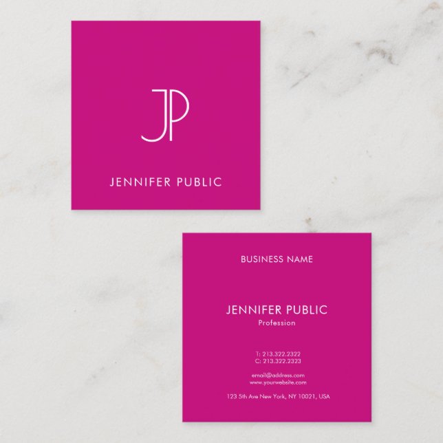 Modern Elegant Viva Magenta Monogram Initial Square Business Card (Front/Back)