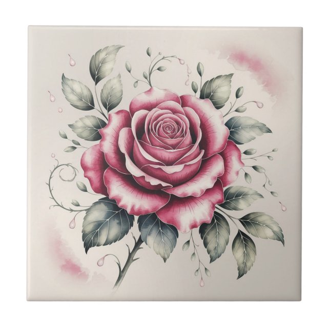 Modern elegant watercolor beautiful pink rose ceramic tile (Front)