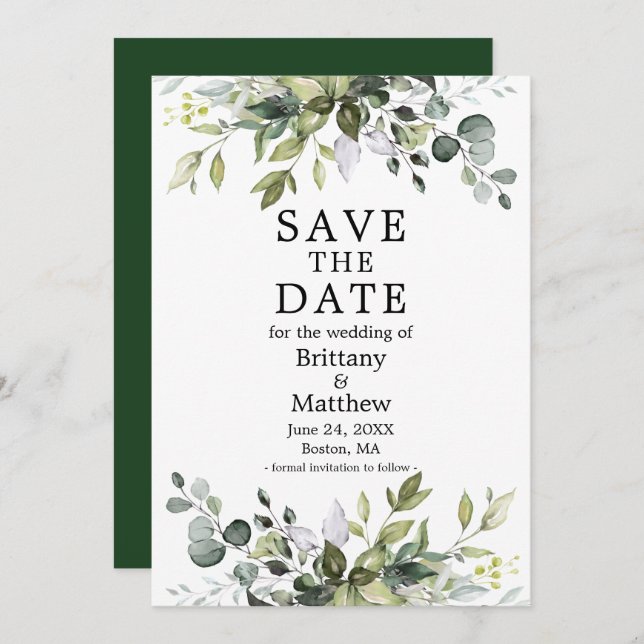 Modern Elegant Watercolor Botanical Greenery Save The Date (Front/Back)