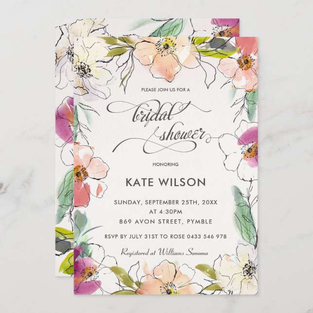 Modern Elegant Watercolor Floral Bridal Shower Invitation (Front/Back)