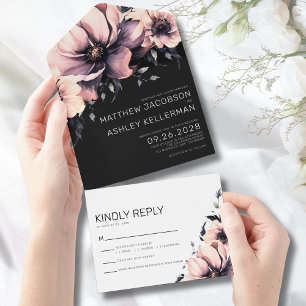 Modern Elegant Watercolor Floral Pink Wedding All In One Invitation