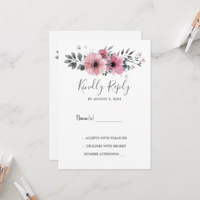 Modern elegant watercolor flowers Wedding RSVP Invitation (Front/Back In Situ)