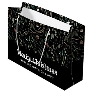 Modern elegant watercolor foliage black Christmas Large Gift Bag