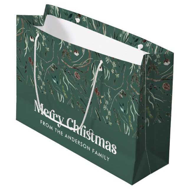  Modern elegant watercolor foliage green Christmas Large Gift Bag (Front Angled)