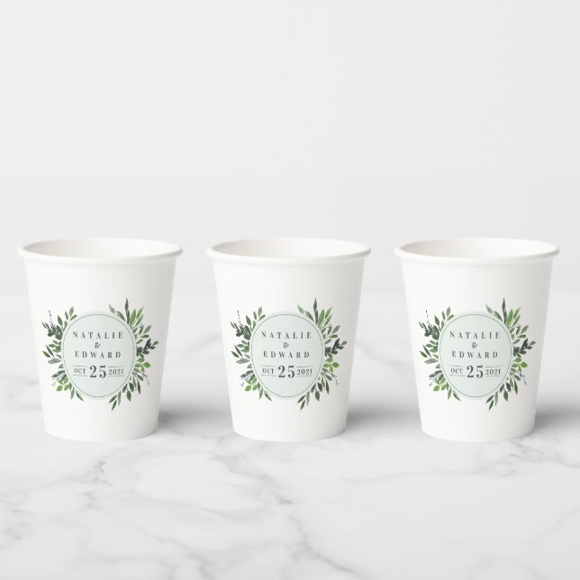 modern elegant watercolor foliage wedding party paper cups (Multi)