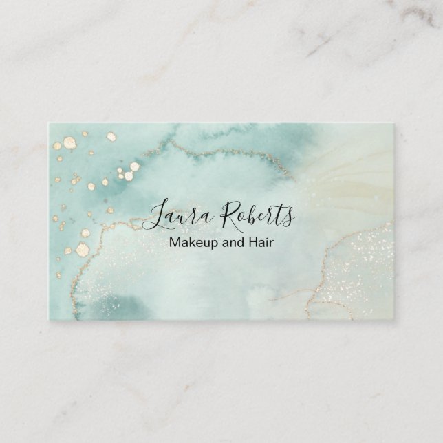 Modern Elegant Watercolor Green and Gold  Business Card (Front)