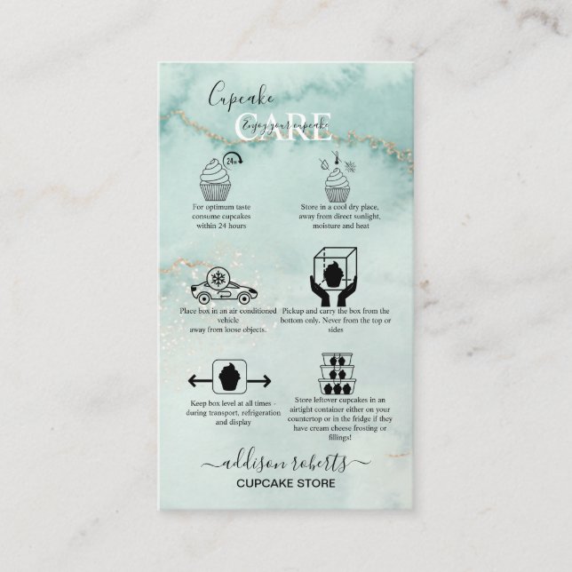 Modern Elegant Watercolor Green Cupcake Care   Bus Business Card (Front)