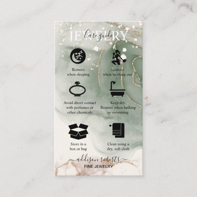 Modern Elegant Watercolor Green  Jewellery Care Business Card (Front)