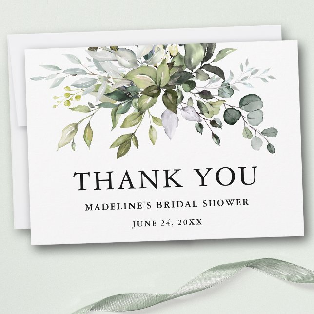 Modern Elegant Watercolor Greenery Bridal Shower Thank You Card (Customize to change text color, text style or add text & photos to back of card.)