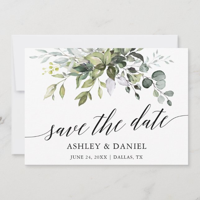 Modern Elegant Watercolor Greenery Calligraphy Save The Date (Front)