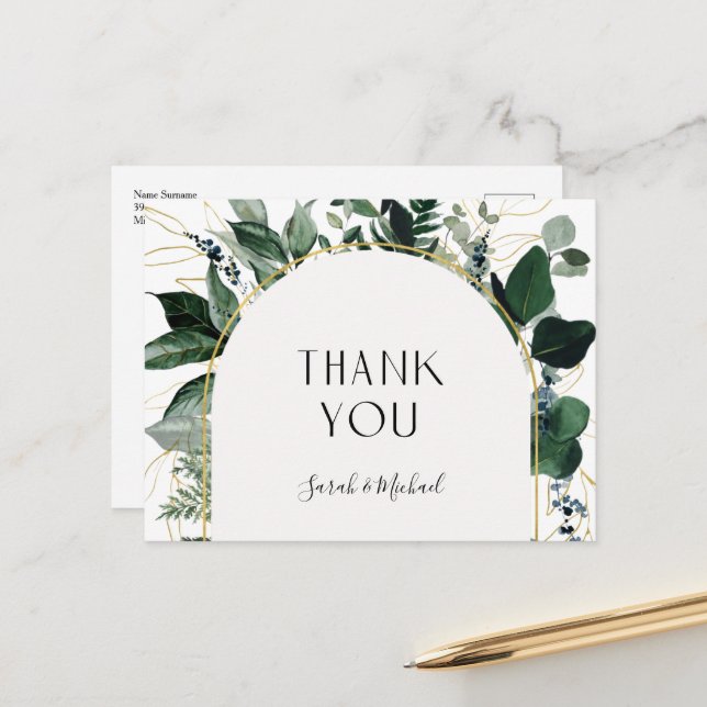Modern Elegant Watercolor Greenery Thank You Postcard (Front/Back In Situ)
