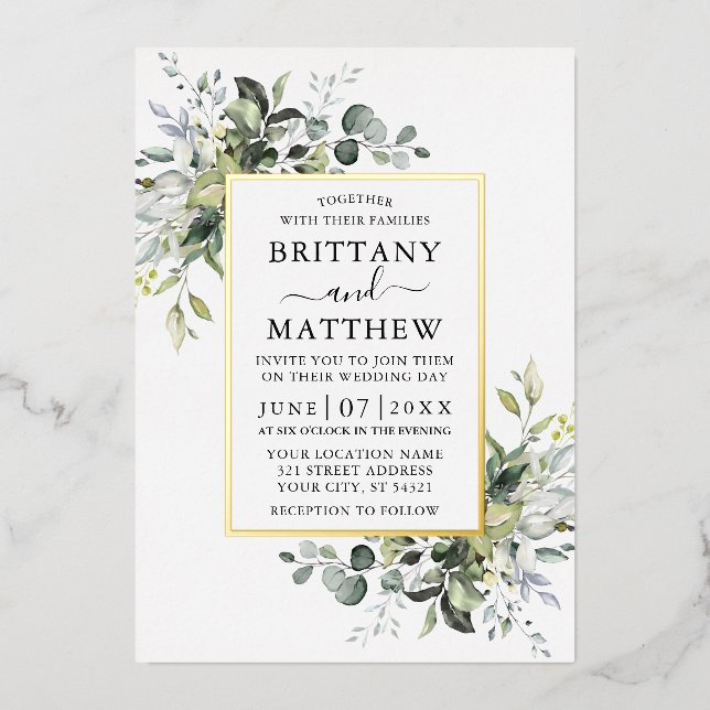  Modern Elegant Watercolor Greenery Wedding Gold (Front)