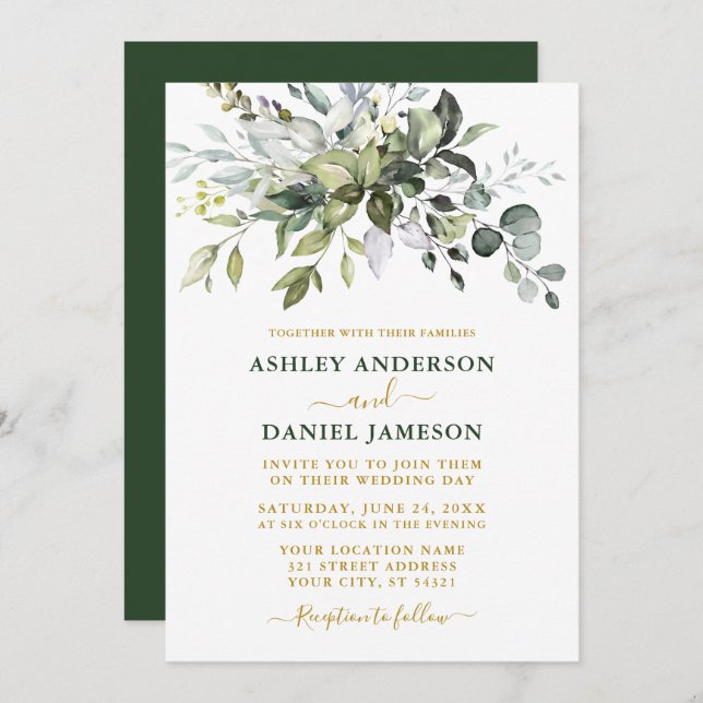 Modern Elegant Watercolor Greenery Wedding Gold Invitation (Front/Back)