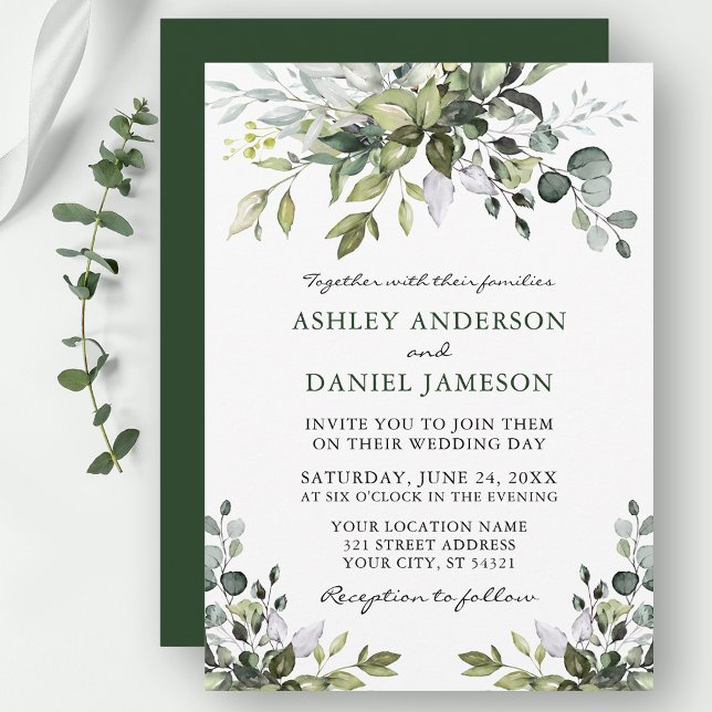 Modern Elegant Watercolor Greenery Wedding Invitation (Customize to change text color, style, add text & photos to back or change color of back of card.)
