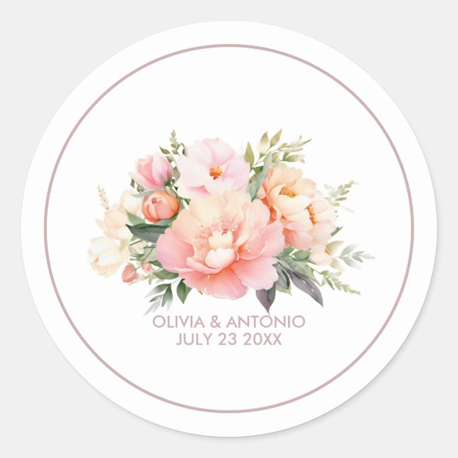 Modern Elegant Watercolor Peonies White Wedding Classic Round Sticker (Front)