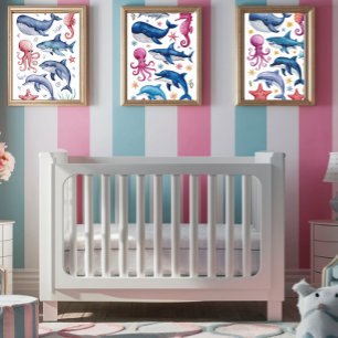 Modern  elegant  watercolor Sea animals 3 Poster