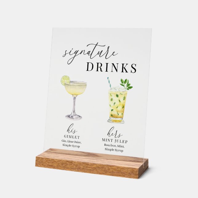 Modern Elegant Watercolor Signature Drinks Acrylic Sign (Angle)