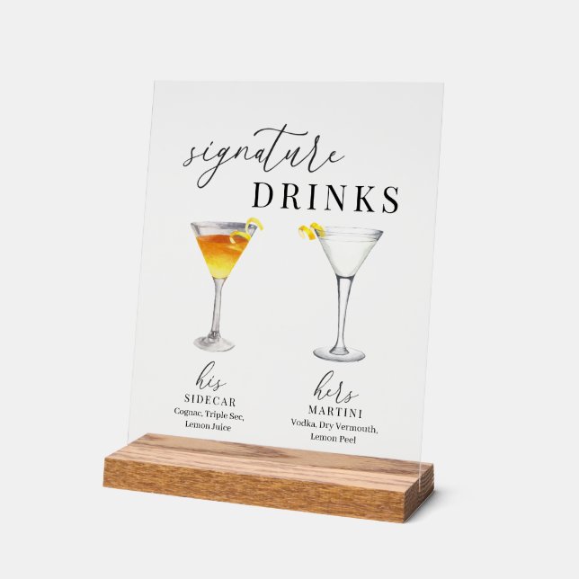 Modern Elegant Watercolor Signature Drinks Acrylic Sign (Angle)