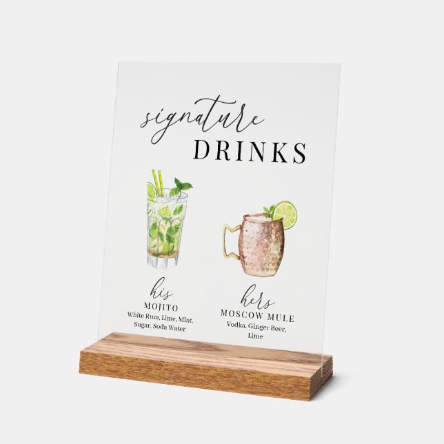 Modern Elegant Watercolor Signature Drinks Acrylic Sign (Angle)