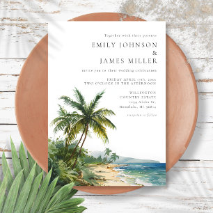 Modern Elegant Watercolor Tropical Beach Wedding Invitation