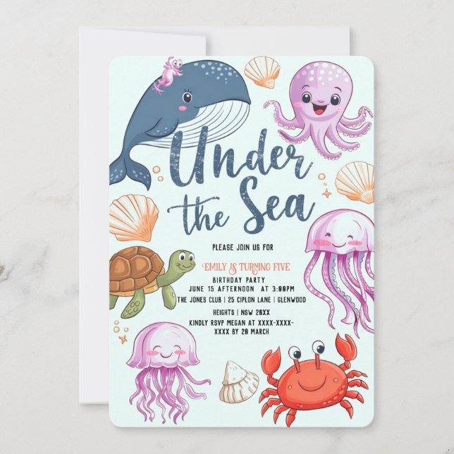 Modern elegant  watercolor under the Sea birthday6 Invitation (Front)