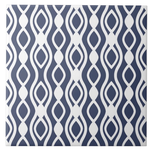 Modern, elegant, wave, ornaments, navy blue, white ceramic tile (Front)