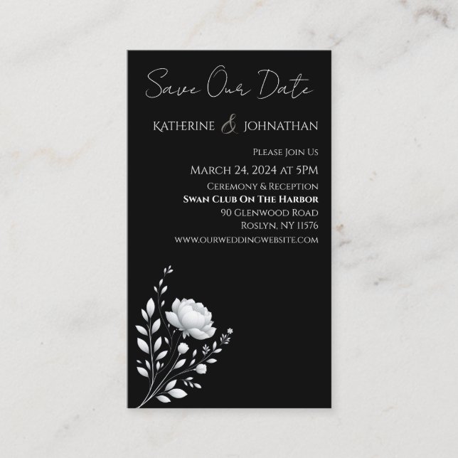 Modern Elegant Wedding Black and White Flower Business Card (Front)