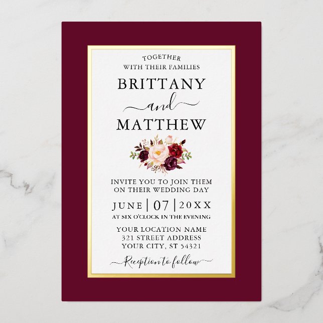 Modern Elegant Wedding Burgundy Floral Gold (Front)