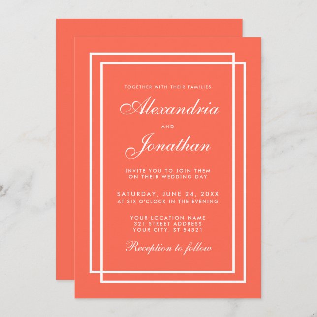 Modern Elegant Wedding Coral and White Frames Invitation (Front/Back)