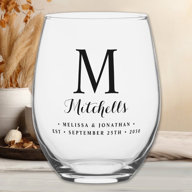 Modern Elegant Wedding Custom Monogram Name Date Stemless Wine Glass (Creator Uploaded)