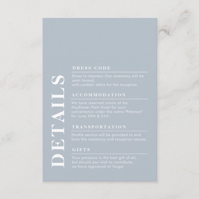 Modern Elegant Wedding Details Dusty Blue Enclosure Card (Front)