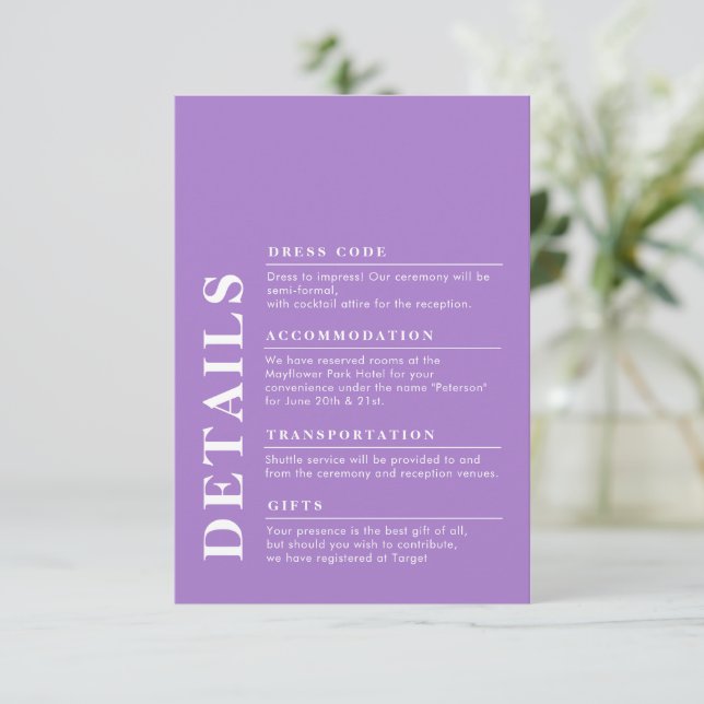 Modern Elegant Wedding Details Lavender Enclosure Card (Standing Front)
