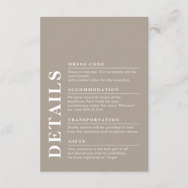 Modern Elegant Wedding Details Taupe Simple Enclosure Card (Front)