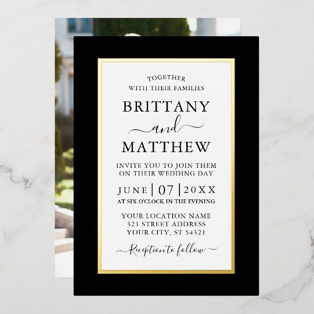 Modern Elegant Wedding Photo Black and White Gold (Front/Back)