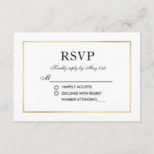 Modern Elegant Wedding RSVP Black White Gold Card