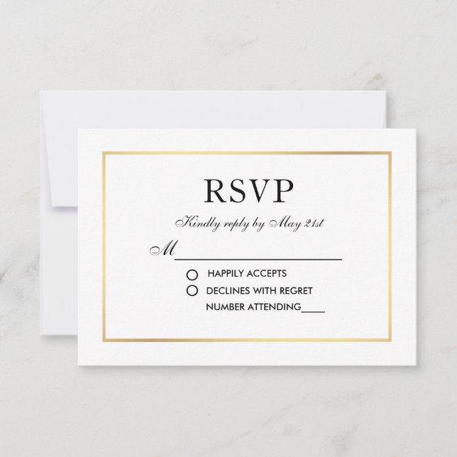 Modern Elegant Wedding RSVP Black White Gold Card (Front)