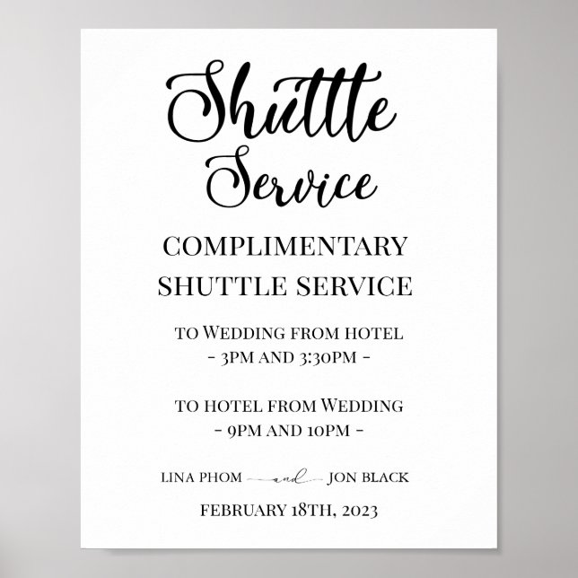 Modern Elegant Wedding Shuttle Service Sign (Front)