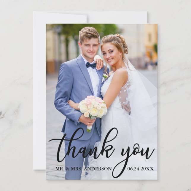 Modern Elegant Wedding Thank You Bride Groom Photo Card (Front)