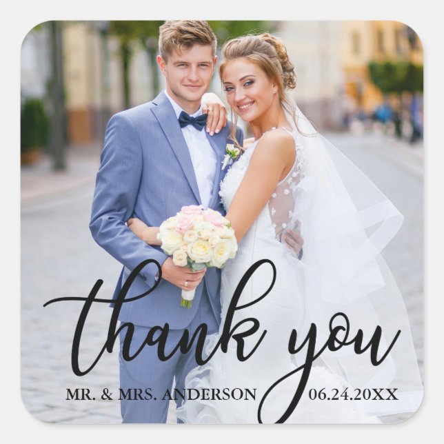 Modern Elegant Wedding Thank You Bride Groom Photo Square Sticker (Front)