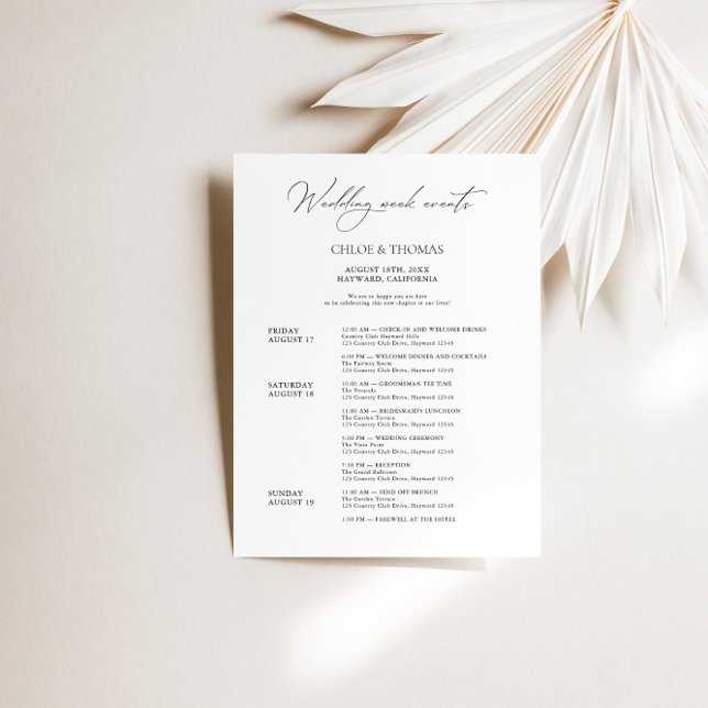 Modern Elegant Wedding Weekend Welcome Itinerary  (Creator Uploaded)