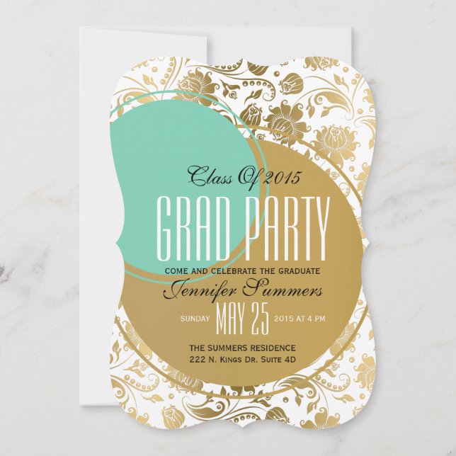 Modern Elegant White And Gold Damasks & Circles Invitation (Back)