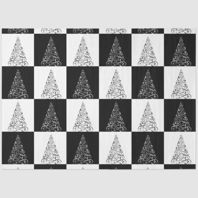 Modern Elegant White Black Christmas Tree Tissue Paper (Front)