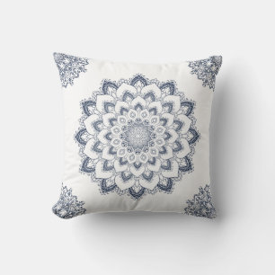 Modern Elegant White Blue Boho Mandala Cushion