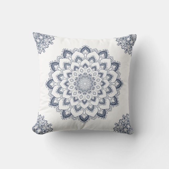 Modern Elegant White Blue Boho Mandala Cushion (Front)